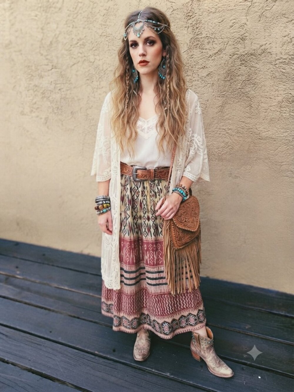 Vintage Gold Star Boho Gypsy Witchy Hippie Crinkled Cotton Gauze Maxi Skirt‎ M/L
